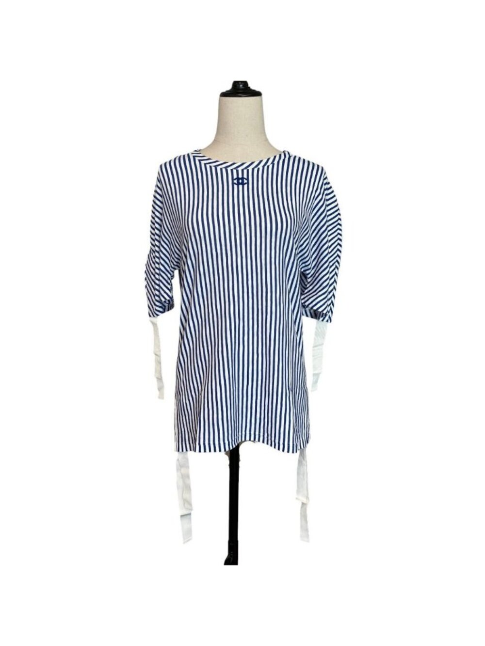 Chanel Striped Side-Shirred Top Blue White